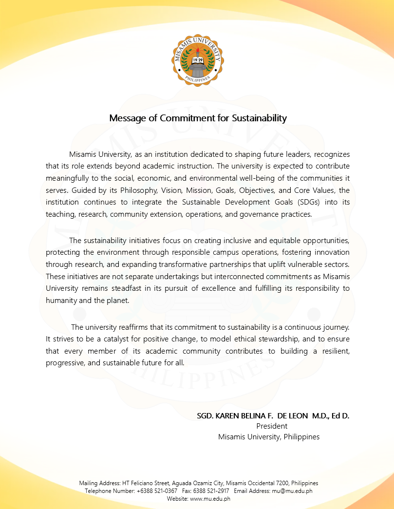 Misamis University Message of Commitment for Sustainability