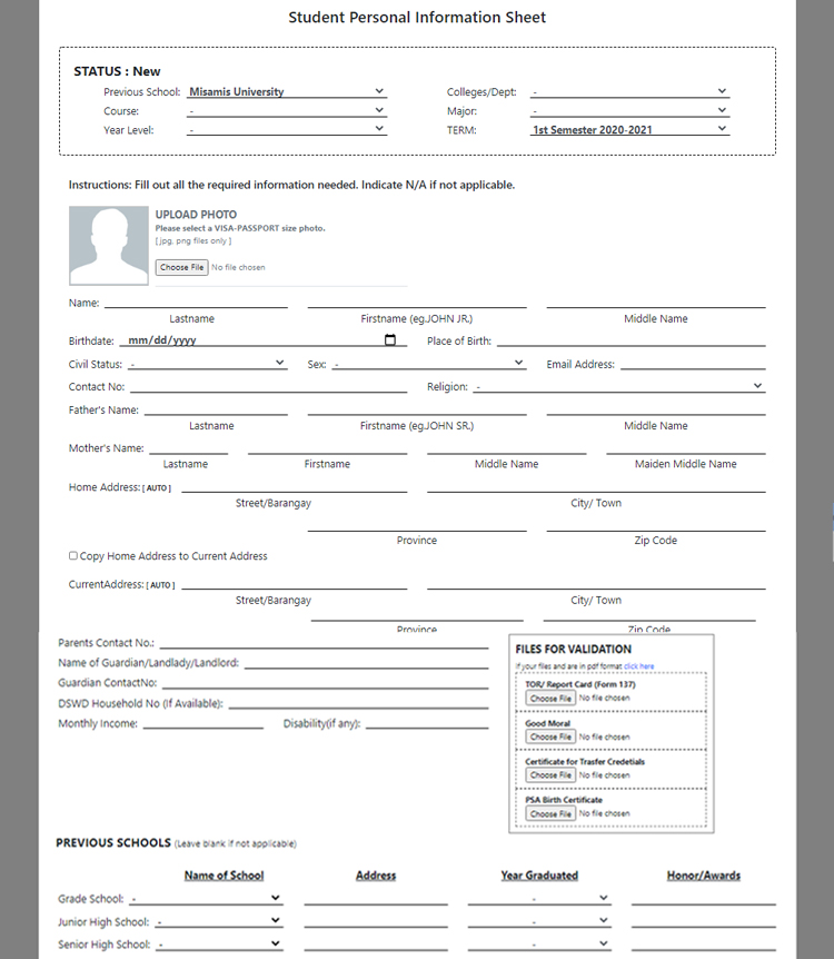 misamis university obline pre registration form
