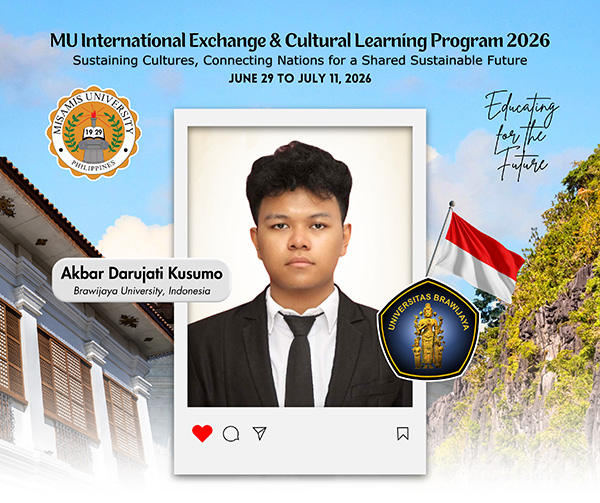 Misamis University warmly welcomes Mr. Akbar Darujati Kusumo from Indonesia to the Misamis University International Exchange and Cultural Learning Program 2026, which will be held from June 29 to July 11, 2026