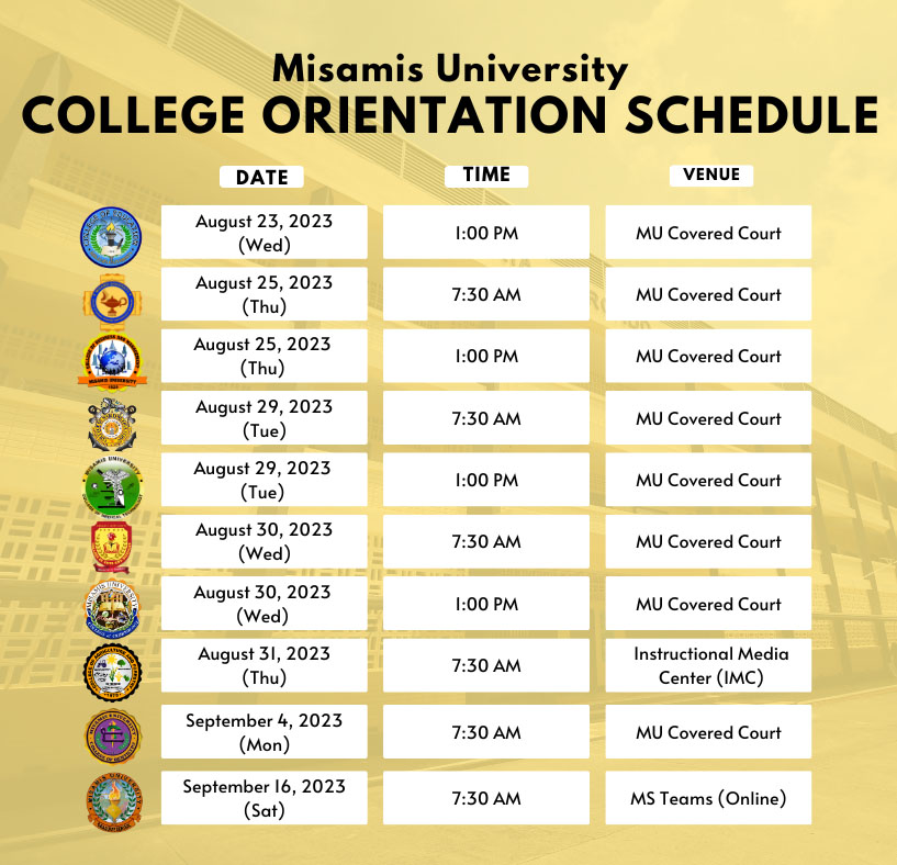 Misamis University College Orientation Schedule SY 2023 -2024